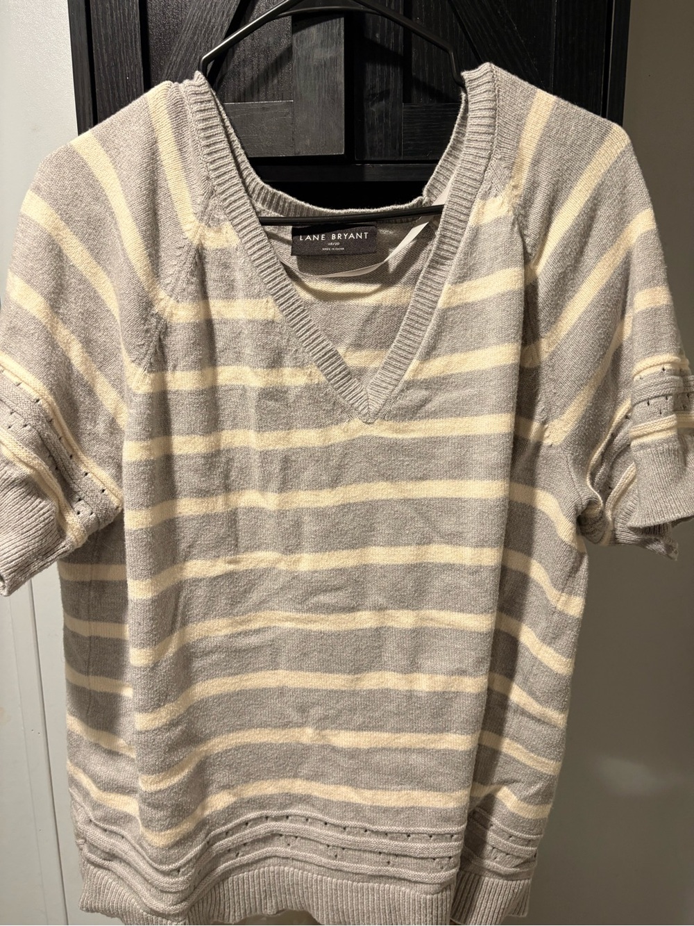 Lane Bryant Gray and Cream Striped V‑Neck Sweater
